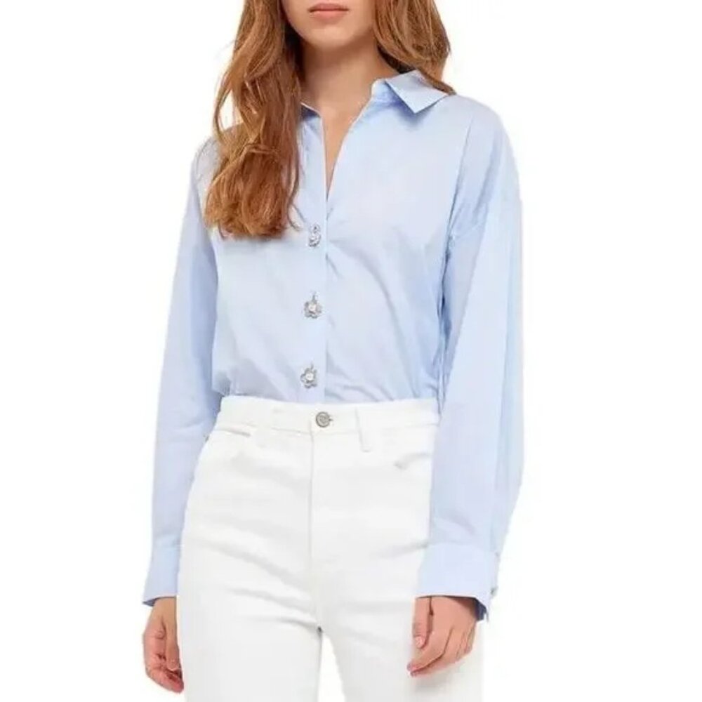 English Factory Imitation Pearl button front cotton Medium long sleeve top shirt